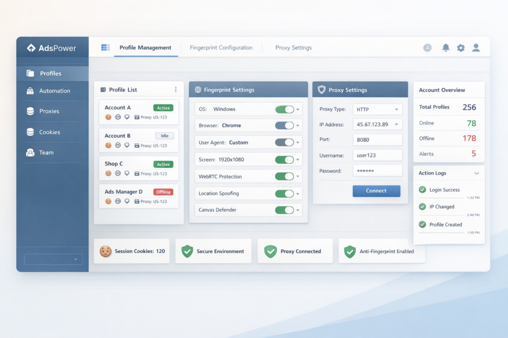 AdsPower-inspired dashboard showing isolated browser profiles, fingerprint settings, proxy controls, and multi-account management in a clean modern interface