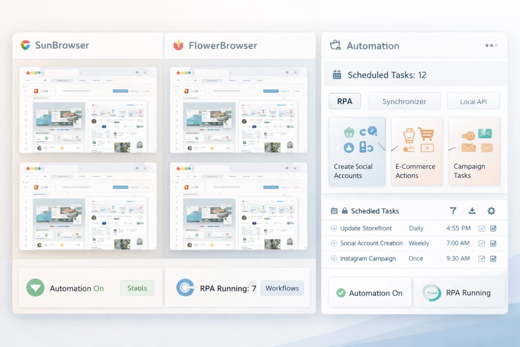 AdsPower-style interface showing Chromium-based and Firefox-based stealth browsers, synchronized windows, automation workflow panels, and RPA task controls