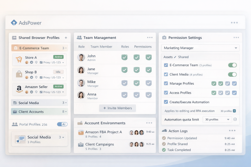 AdsPower-inspired team management interface with shared browser profiles, permission settings, member roles, and organized multi-account workflow for agencies and marketers