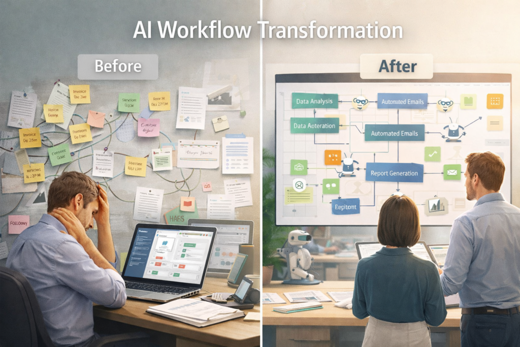 AI workflow transformation concept showing business process improvement with automation

