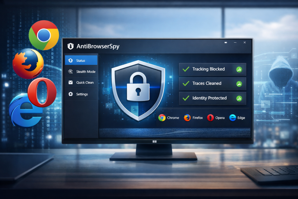 AntiBrowserSpy hero image showing Windows browser privacy protection and anti-tracking concept
