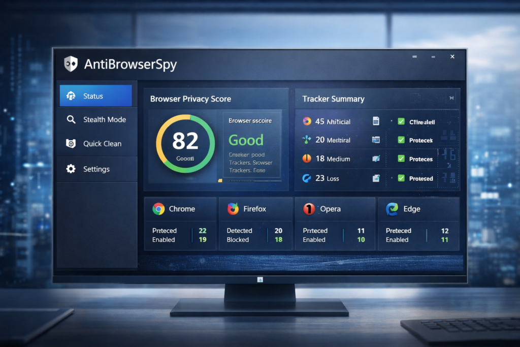AntiBrowserSpy dashboard style image showing browser privacy score and tracker monitoring
