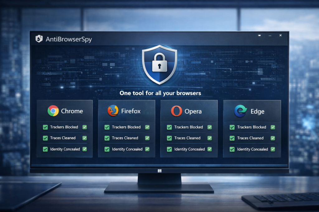 AntiBrowserSpy image showing privacy protection across Chrome Firefox Opera and Edge on Windows
