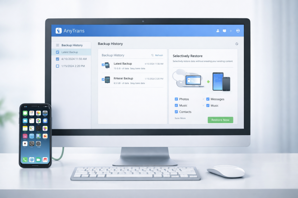 AnyTrans backup and selective restore options on desktop
