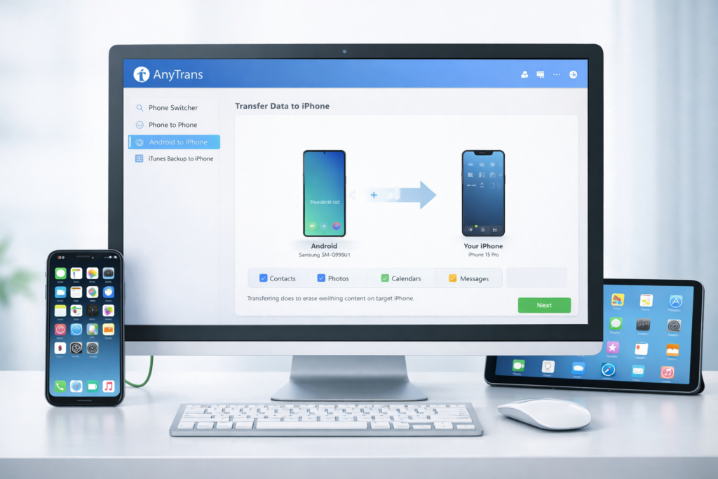 AnyTrans iPhone to iPhone and Android to iPhone migration interface
