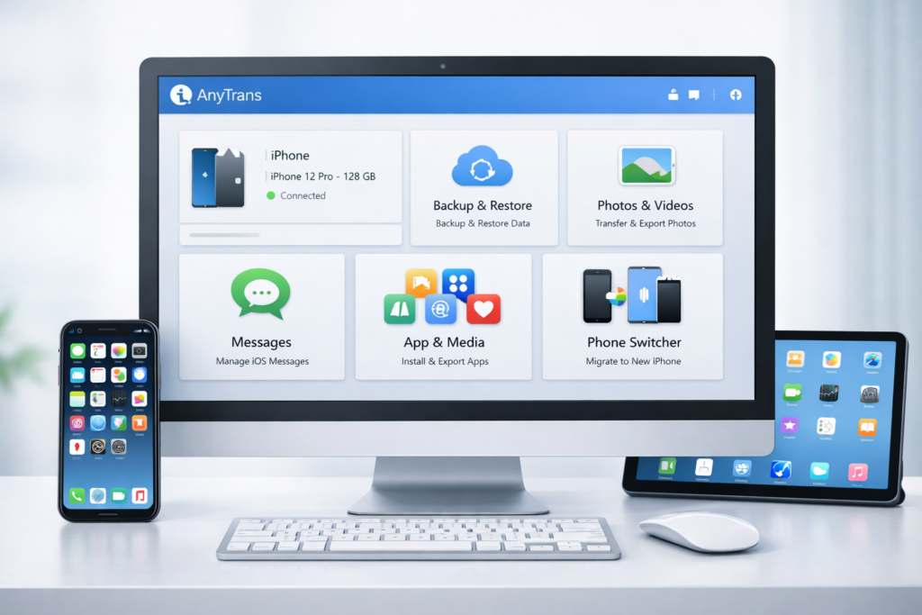 AnyTrans desktop dashboard for iPhone transfer backup and device management
