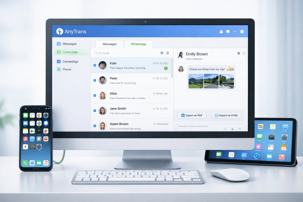 AnyTrans WhatsApp transfer and iPhone message export interface
