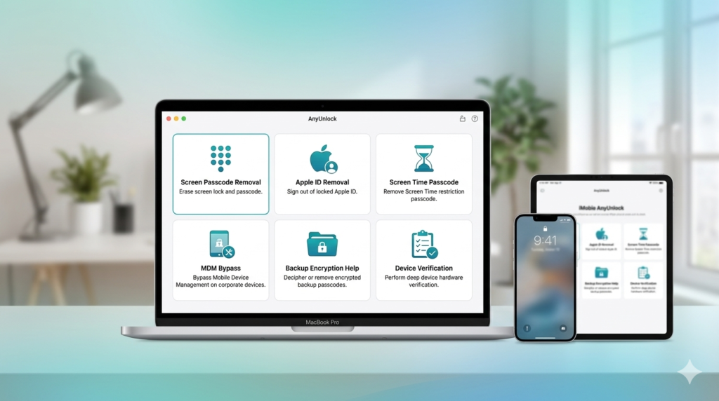 AnyUnlock feature overview for iPhone screen passcode Apple ID Screen Time and MDM removal