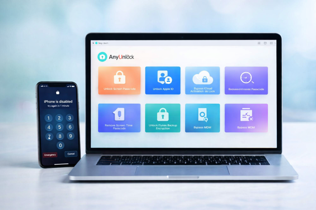 AnyUnlock iPhone unlock tool dashboard with locked iPhone and laptop interface
