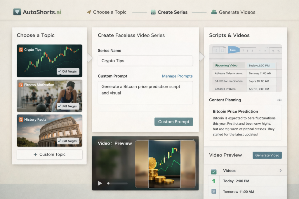 AutoShorts.ai-inspired interface showing topic selection, custom prompt input, and AI faceless video series setup
