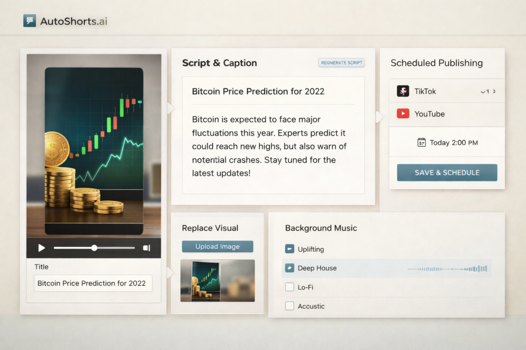 AutoShorts.ai-inspired preview and editor screen for reviewing scripts, titles, visuals, music, and scheduled posting before publishing
