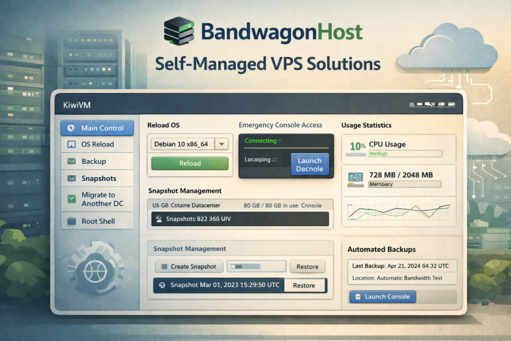 BandwagonHost KiwiVM features including snapshots OS reload console and migration