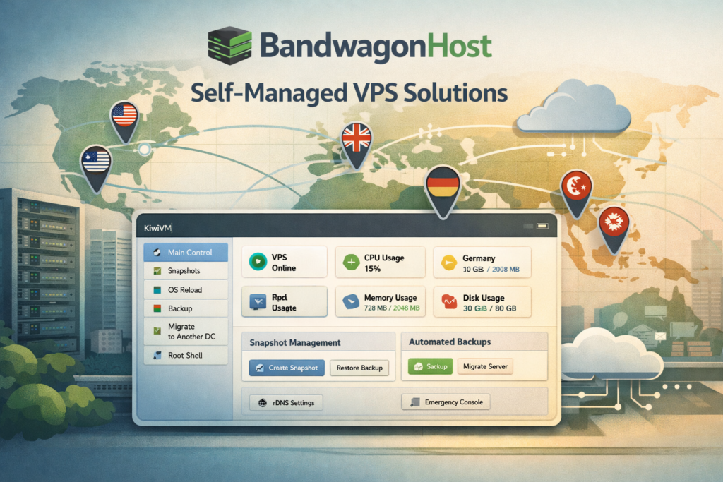 BandwagonHost KiwiVM self-managed VPS dashboard with global datacenter concept