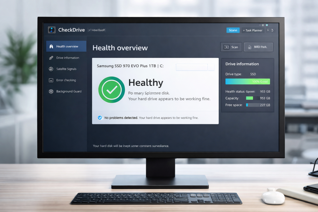 CheckDrive dashboard showing hard drive health status on Windows
