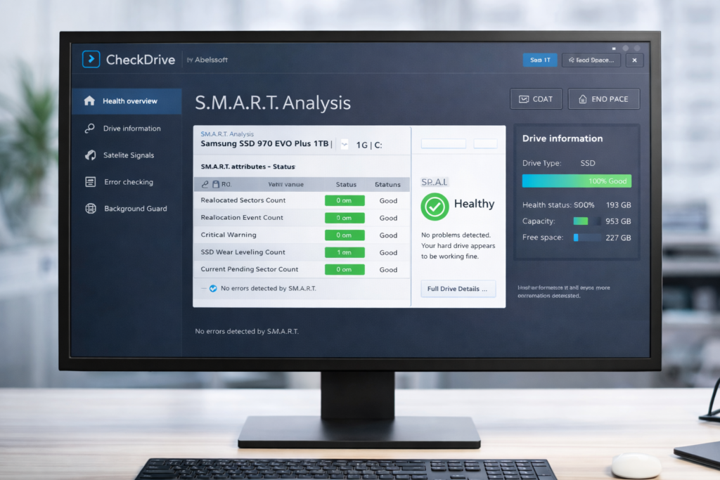CheckDrive S.M.A.R.T. analysis and drive details on Windows
