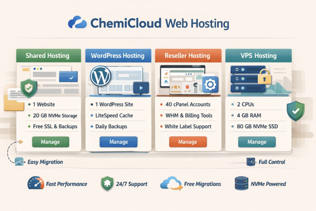 ChemiCloud hosting overview with WordPress, shared, reseller, and VPS hosting categories