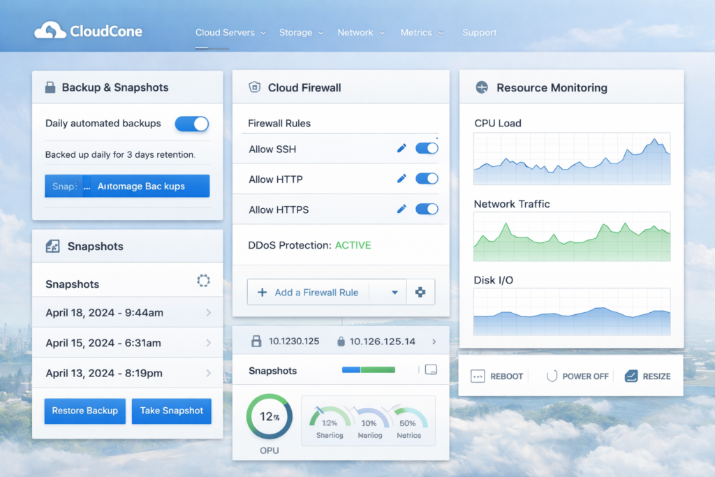 CloudCone cloud server controls with backups snapshots firewall and monitoring tools
