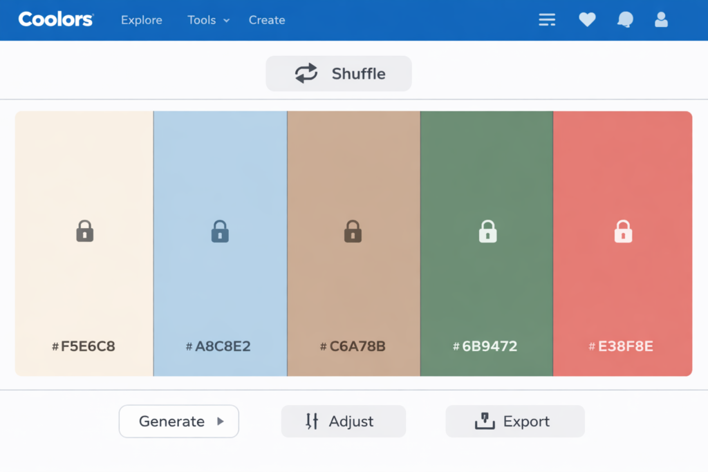 Coolors palette generator interface with multiple color columns and locked swatches for fast palette creation
