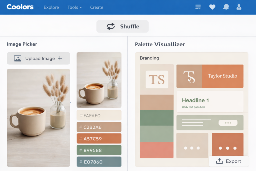 Coolors-inspired image picker and palette visualizer showing extracted colors applied to branding and web UI layouts
