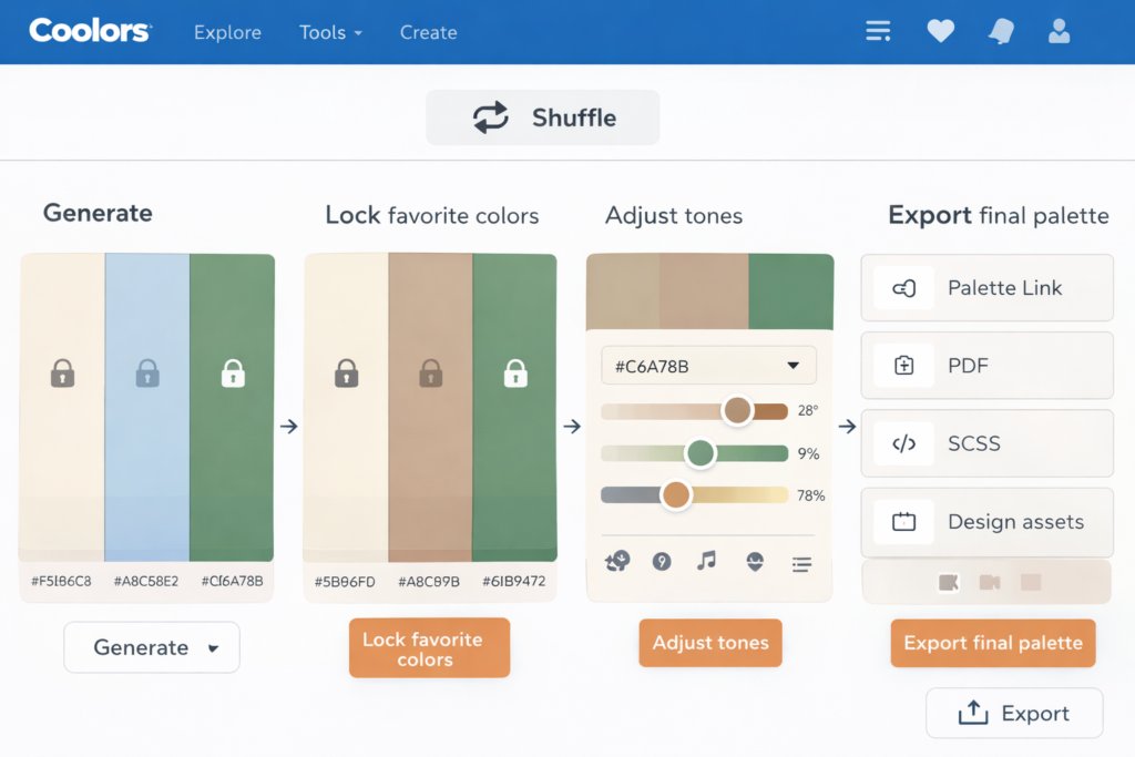 Coolors-inspired workflow interface showing palette generation, locked colors, refinement controls, and export options
