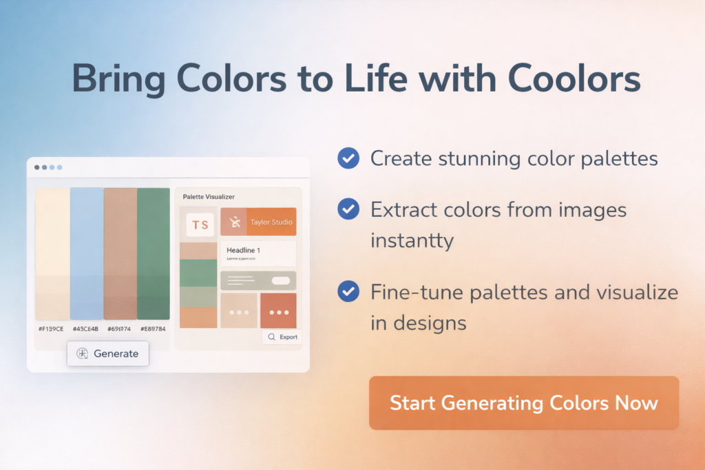 Coolors-inspired palette applied across website UI, branding materials, and social design elements
