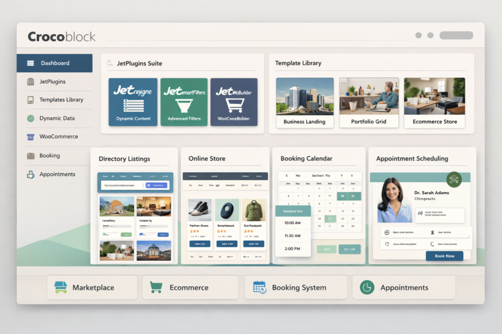 Crocoblock-inspired dynamic WordPress website builder dashboard showing JetPlugins ecosystem, templates, widgets, and multi-use website-building workflow