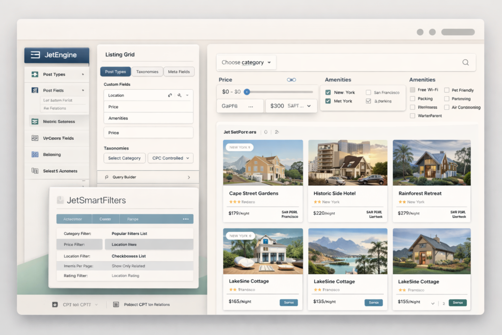 Crocoblock-inspired JetEngine and JetSmartFilters interface showing dynamic listings, filters, custom fields, and AJAX directory search