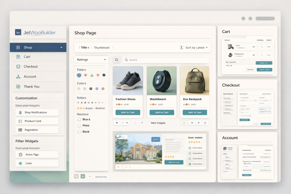 Crocoblock-inspired WooCommerce store builder interface with custom shop templates, product grid, filtering tools, and account page design