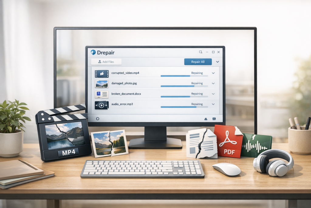 Drepair interface for repairing corrupted videos photos documents and audio
