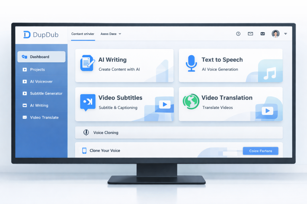 DupDub dashboard for AI voiceover, subtitles, and content creation
