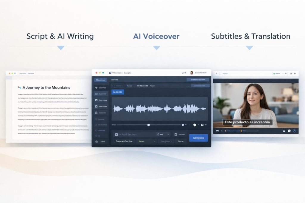 DupDub workflow for AI writing, voiceover, subtitles, and translation
