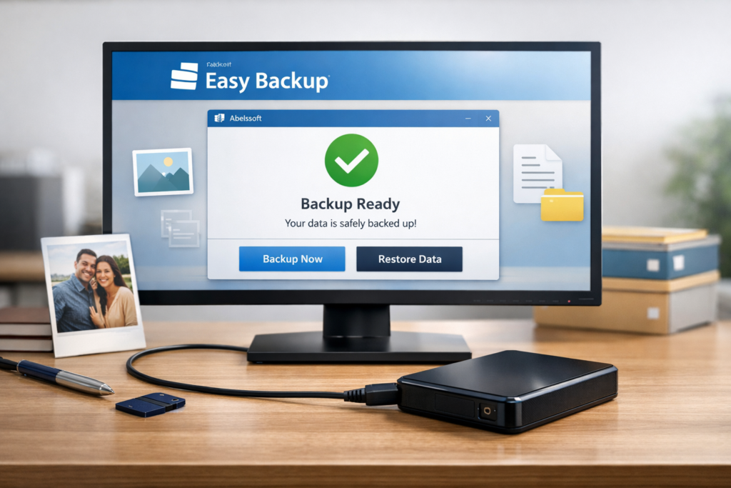 Abelssoft Easy Backup interface illustrating simple automatic backup for Windows users
