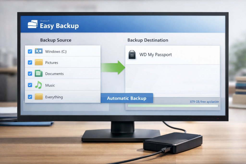 Abelssoft Easy Backup showing folder selection and external drive backup workflow on Windows
