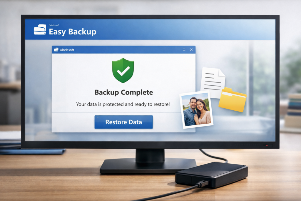 Abelssoft Easy Backup restore and secure backup concept with external drive disconnected after backup
