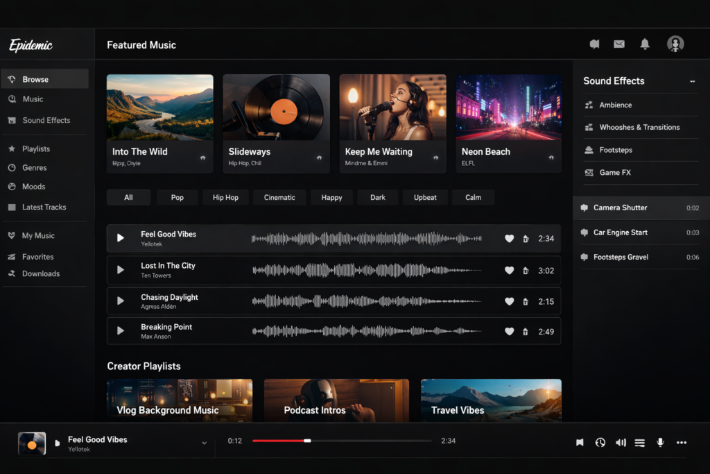 Epidemic Sound music library interface for creators with royalty-free music and sound effects workflow

