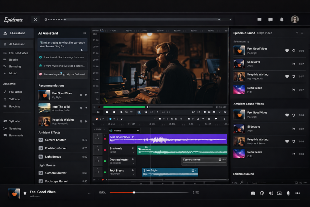Epidemic Sound AI Assistant Studio and plugin workflow for video editors
