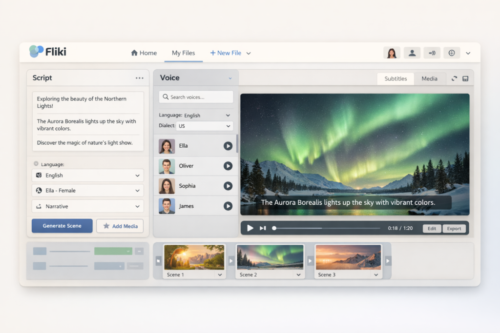Fliki AI video generator interface showing text to video workflow, script input, voice selection, and video preview
