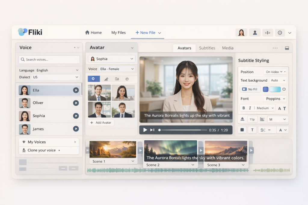 Fliki feature interface with AI voice selection, avatar options, subtitles, and video scene editing tools
