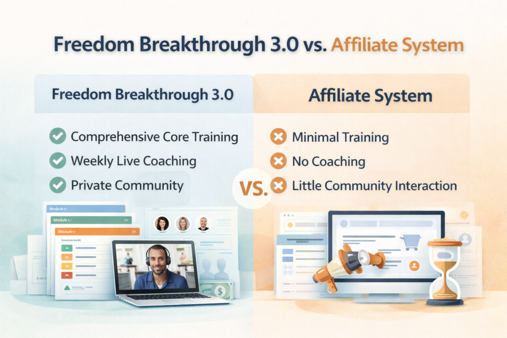 Freedom Breakthrough 3.0 final verdict image showing guided affiliate marketing system, coaching, and business action plan
