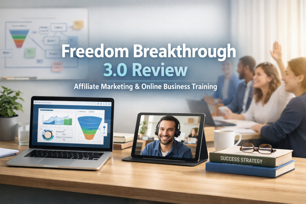 Freedom Breakthrough 3.0 review hero image showing affiliate marketing training, coaching, and digital business growth
