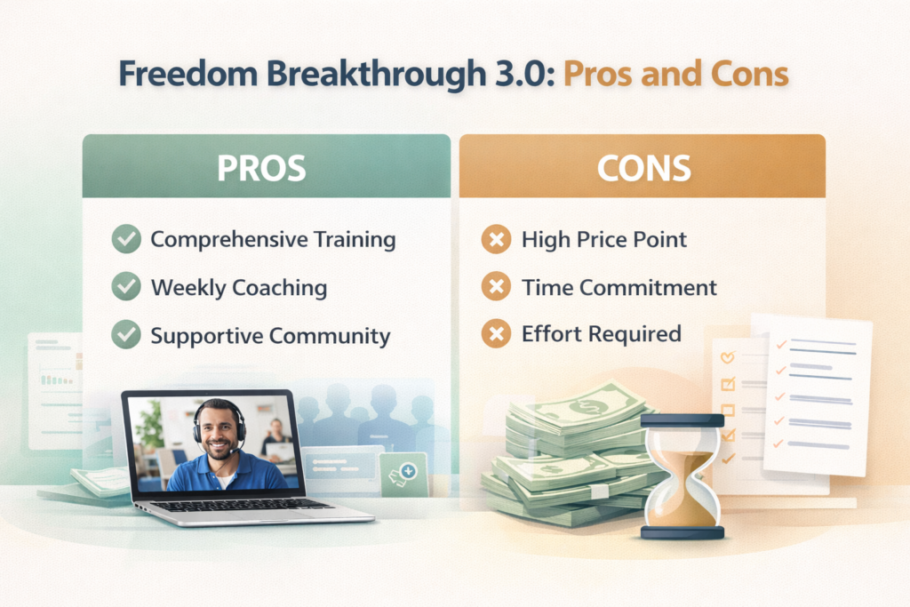Freedom Breakthrough 3.0 pros and cons comparison image for affiliate marketing beginners
