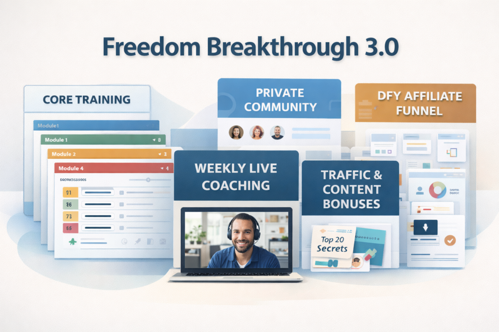 Freedom Breakthrough 3.0 product stack image showing course modules, coaching, community, funnel assets, and traffic bonuses
