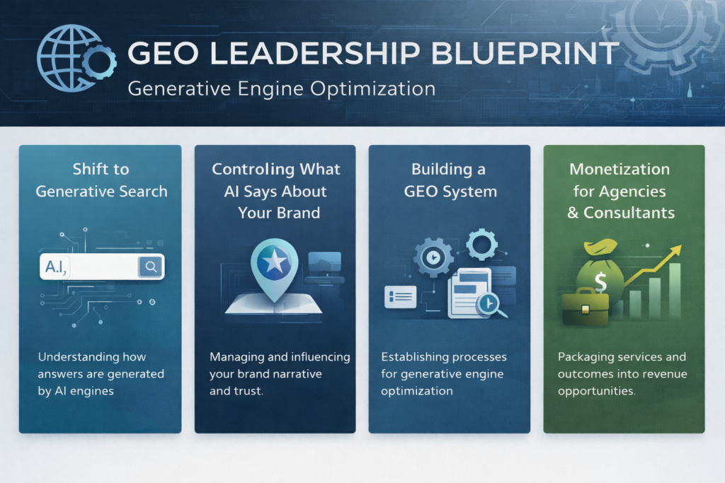 GEO Leadership Blueprint course modules and learning areas
