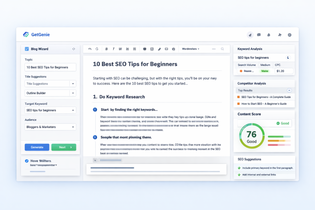GetGenie-inspired WordPress AI SEO writing dashboard with Blog Wizard, keyword analysis, and content optimization panels
