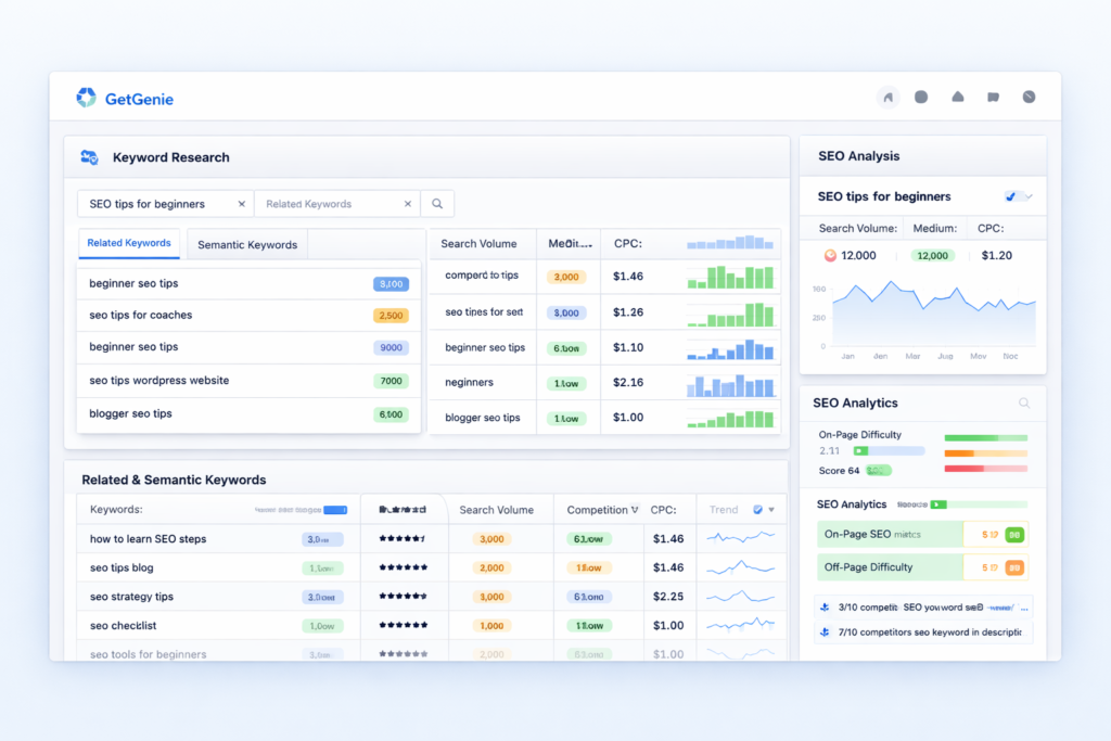 GetGenie-inspired keyword research and SEO analysis interface with search volume, competition, CPC, trend charts, and related keyword suggestions
