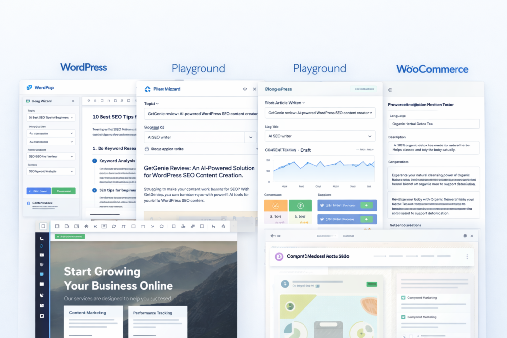 GetGenie-inspired multi-platform workflow interface showing WordPress editor, Playground, page builder integration, and WooCommerce content generation panels
