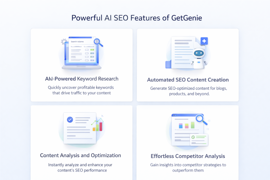 GetGenie-inspired AI answer builder and FAQ generation interface with structured answer cards, FAQ blocks, and content optimization panels

