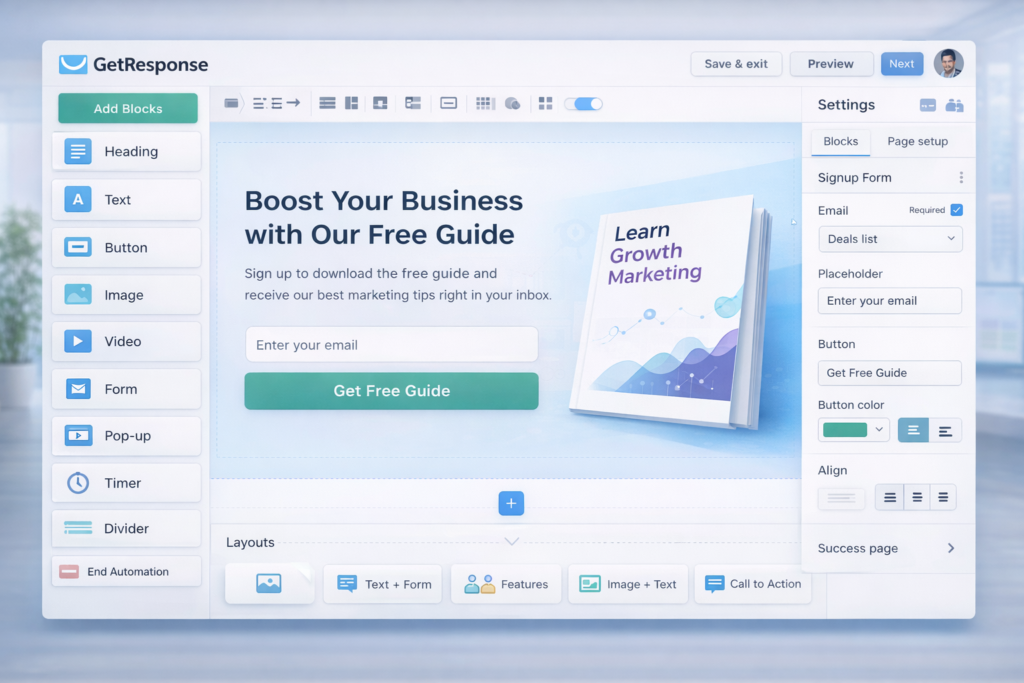 GetResponse landing page builder interface example
