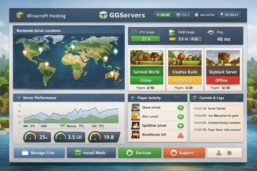 GGServers Minecraft hosting interface with global server locations, performance dashboard, and clean game server management layout
