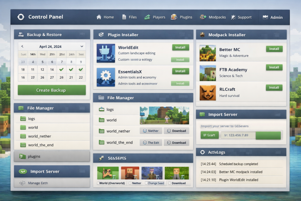 GGServers custom control panel with backups, plugin installer, mod installer, server import, file manager, and world tools
